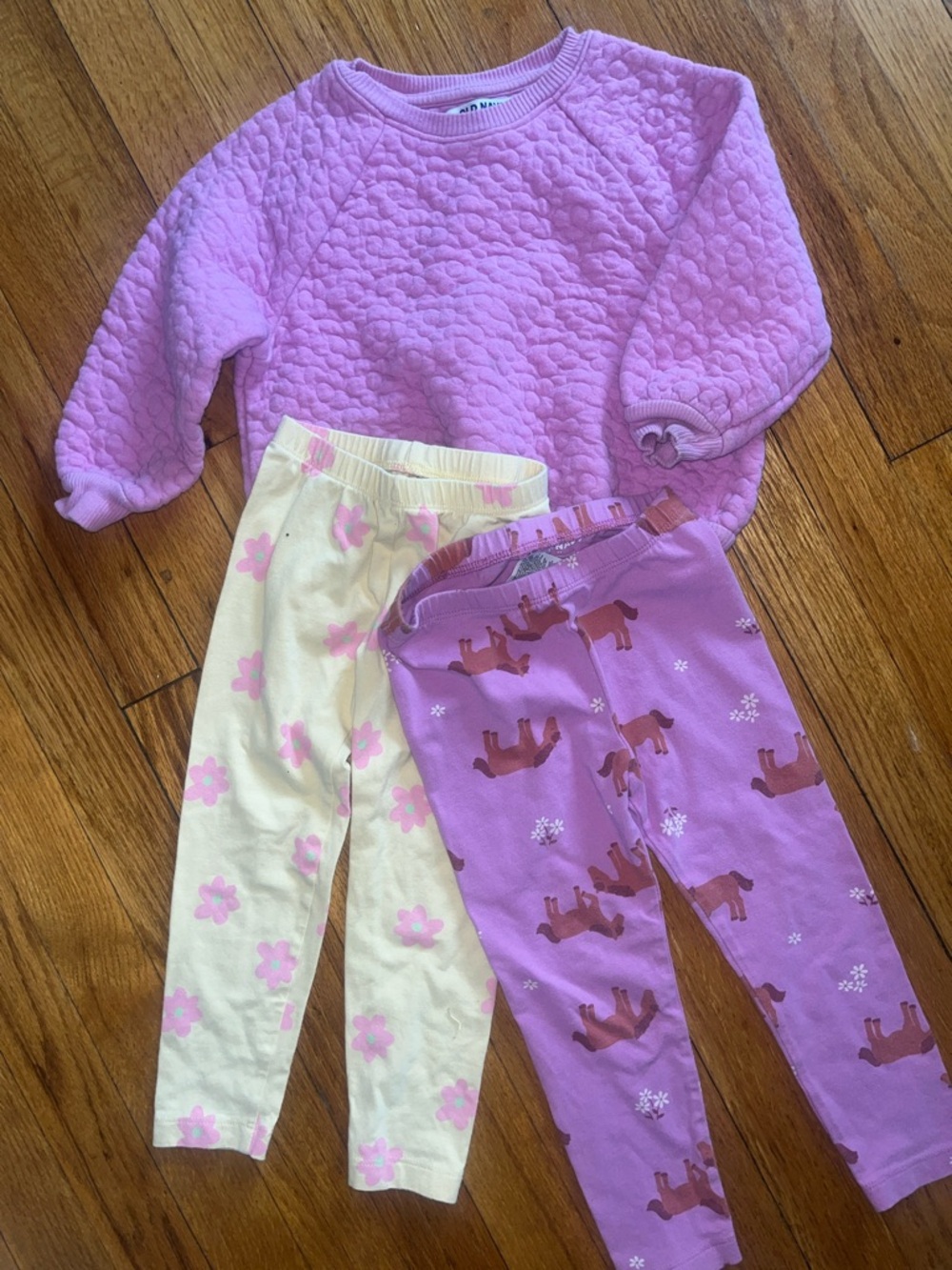 Toddler Pink/Purple Quilted Pullover with Two Pairs of Leggings - Floral & Horse